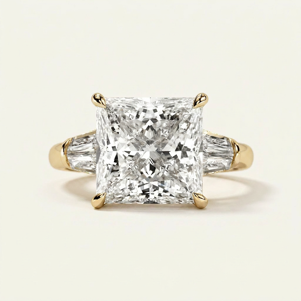Moissanite 3.42 CT Princess & Tapered Cut Diamond Three Stone Ring