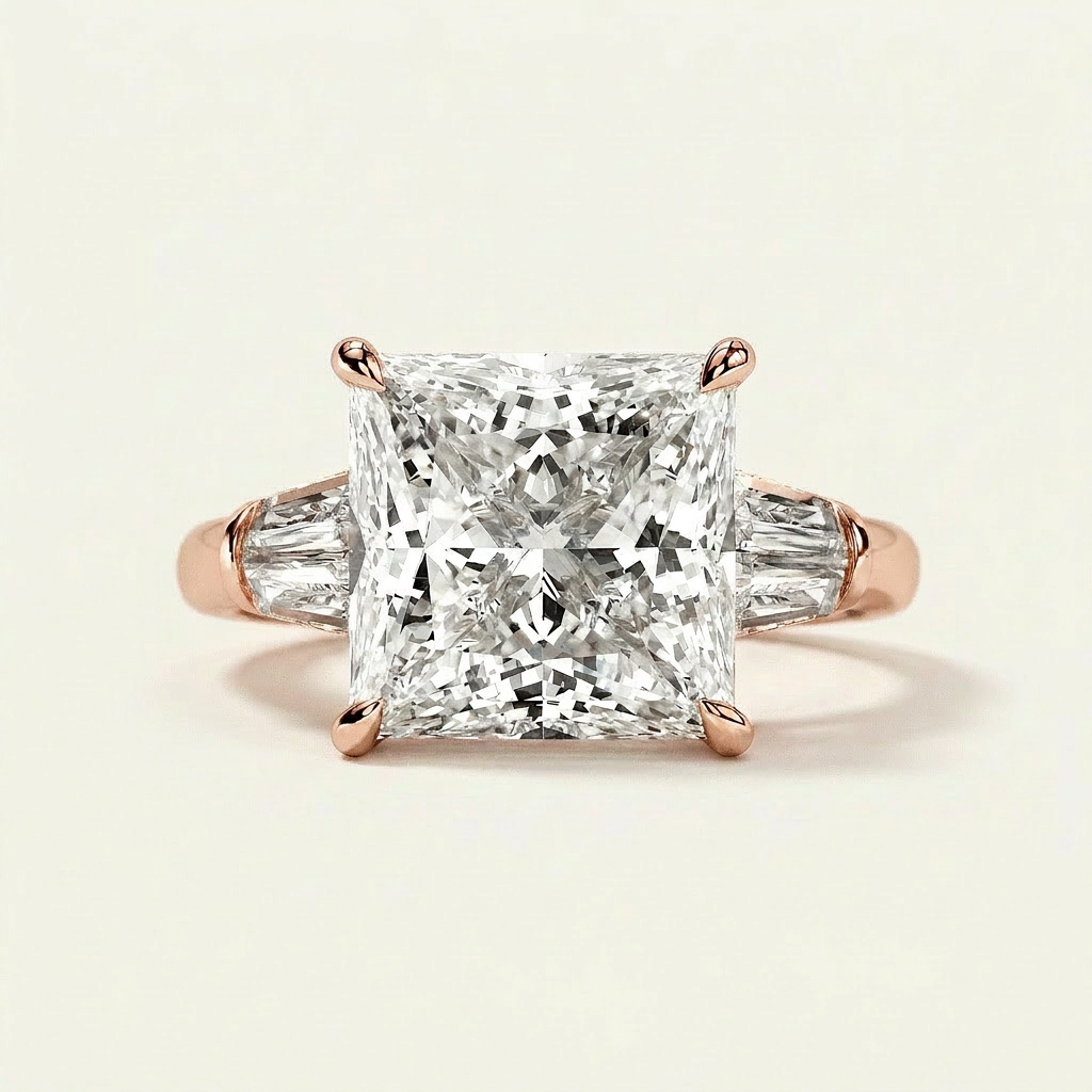 Moissanite 3.42 CT Princess & Tapered Cut Diamond Three Stone Ring