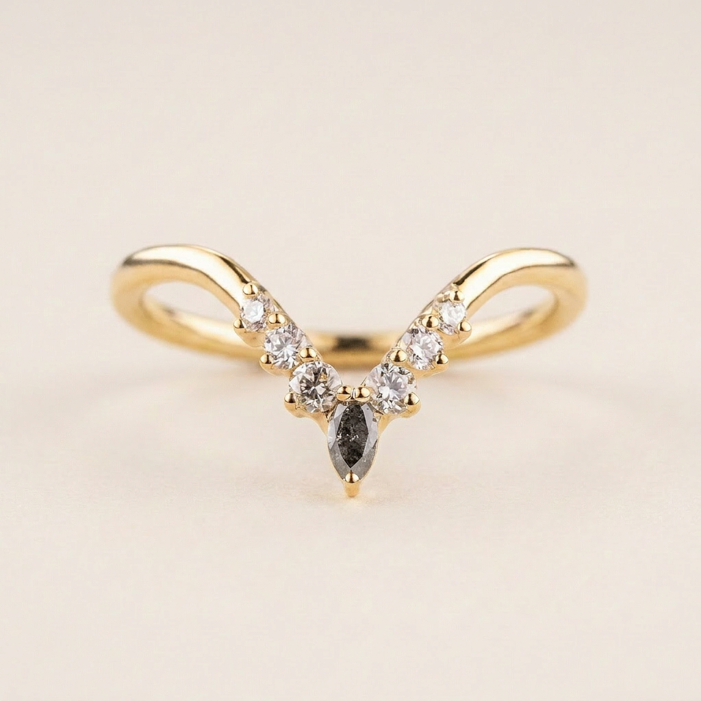 0.25 CT Marquise & Round Cut Salt and Pepper Diamond Ring (V-Pepper)