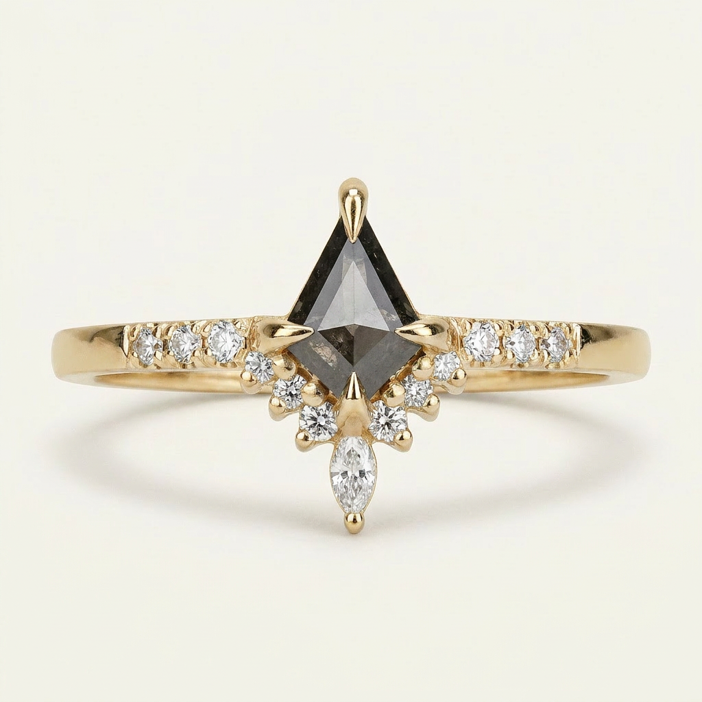 1.25 CT Kite & Round Cut Salt and Pepper Diamond Cluster Ring