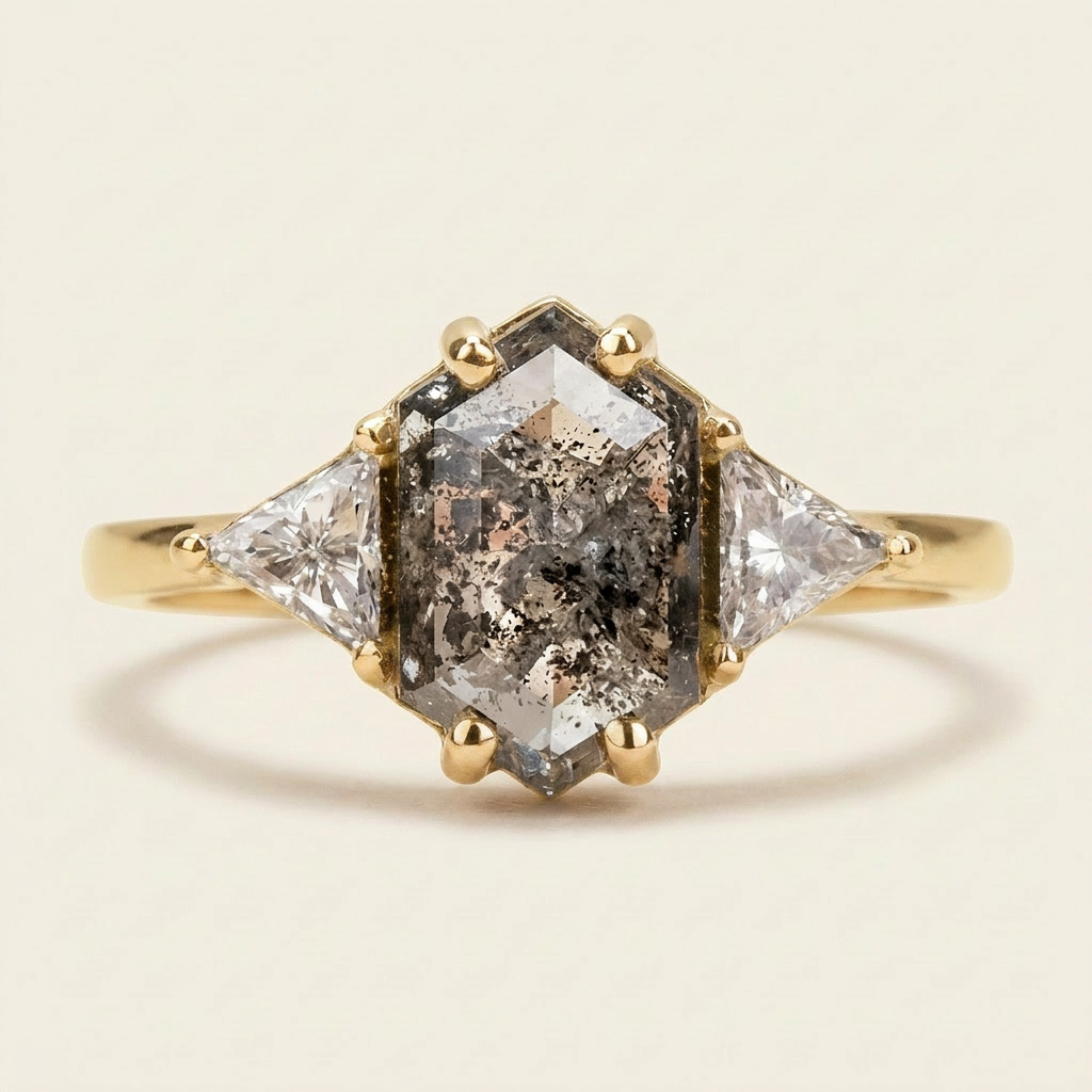 1.90 CT Hexagon & Triangle Cut Salt and Pepper Diamond Three Stone Ring