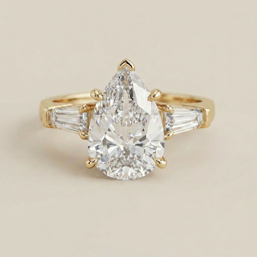 Moissanite 3.95 CT Pear & Tapered Cut Diamond Three Stone Ring