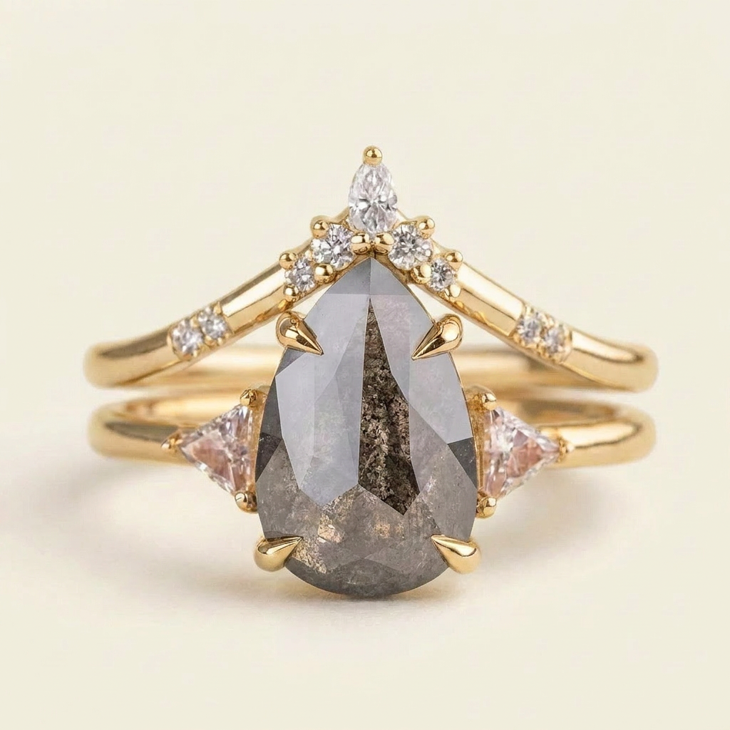 1.65 CT Pear & Triangle Cut Salt and Pepper Diamond Three Stone Ring