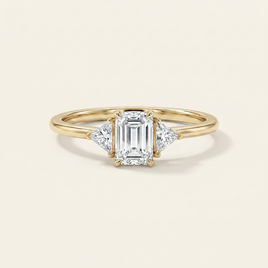 Moissanite 1.80 CT Emerald & Triangle Cut Diamond Three Stone Ring