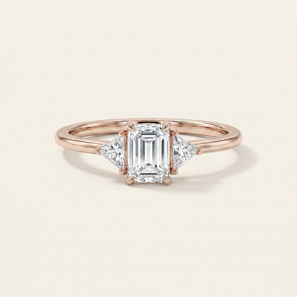 Moissanite 1.80 CT Emerald & Triangle Cut Diamond Three Stone Ring