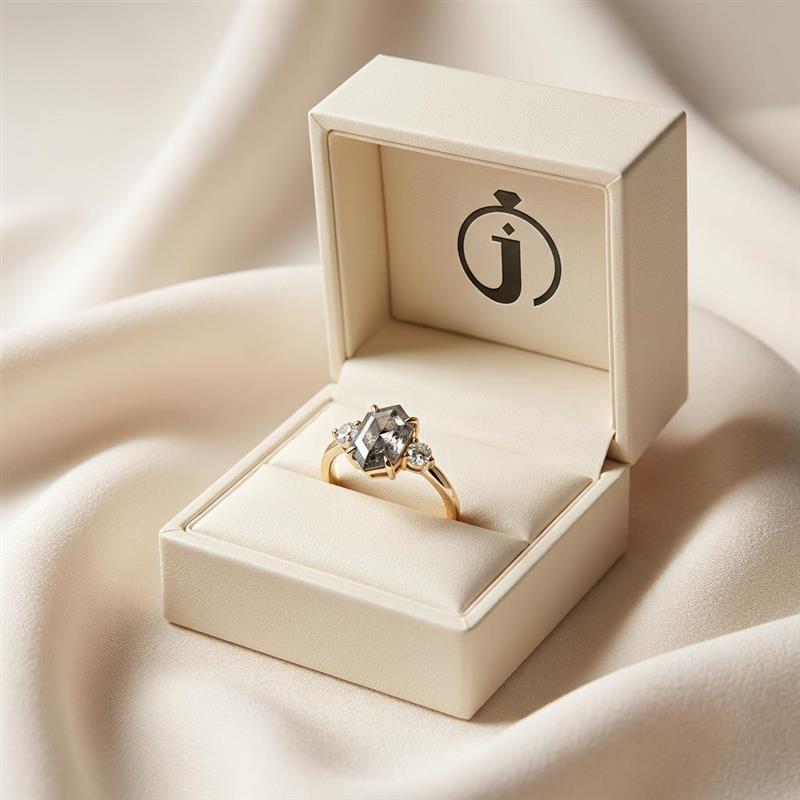 1.35 CT Hexagon & Round Cut Salt and Pepper Diamond Three Stone Ring