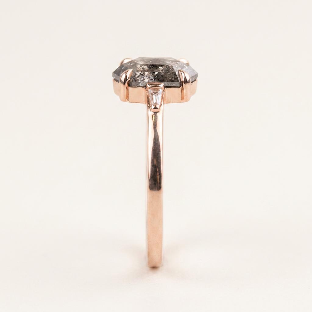 1.35 CT Hexagon & Baguette Cut Salt and Pepper Diamond Three Stone Ring
