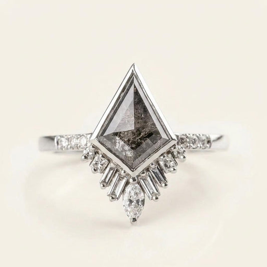 1.55 CT Kite & Round Cut Salt and Pepper Diamond Cluster Ring (V1)