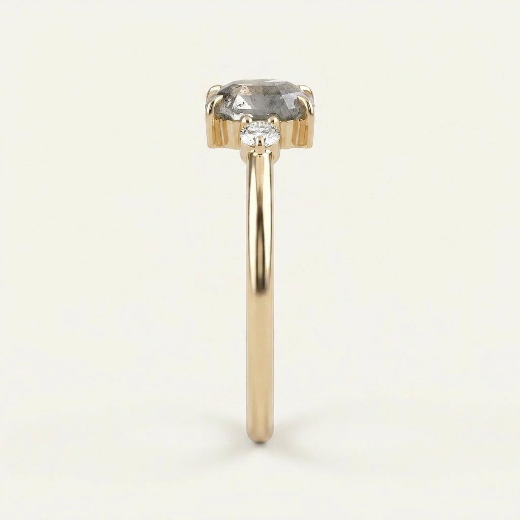 1.35 CT Hexagon & Round Cut Salt and Pepper Diamond Three Stone Ring