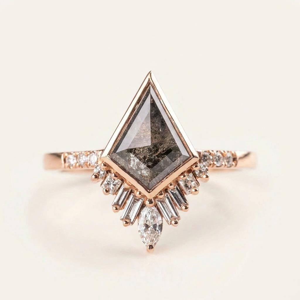 1.55 CT Kite & Round Cut Salt and Pepper Diamond Cluster Ring (V1)