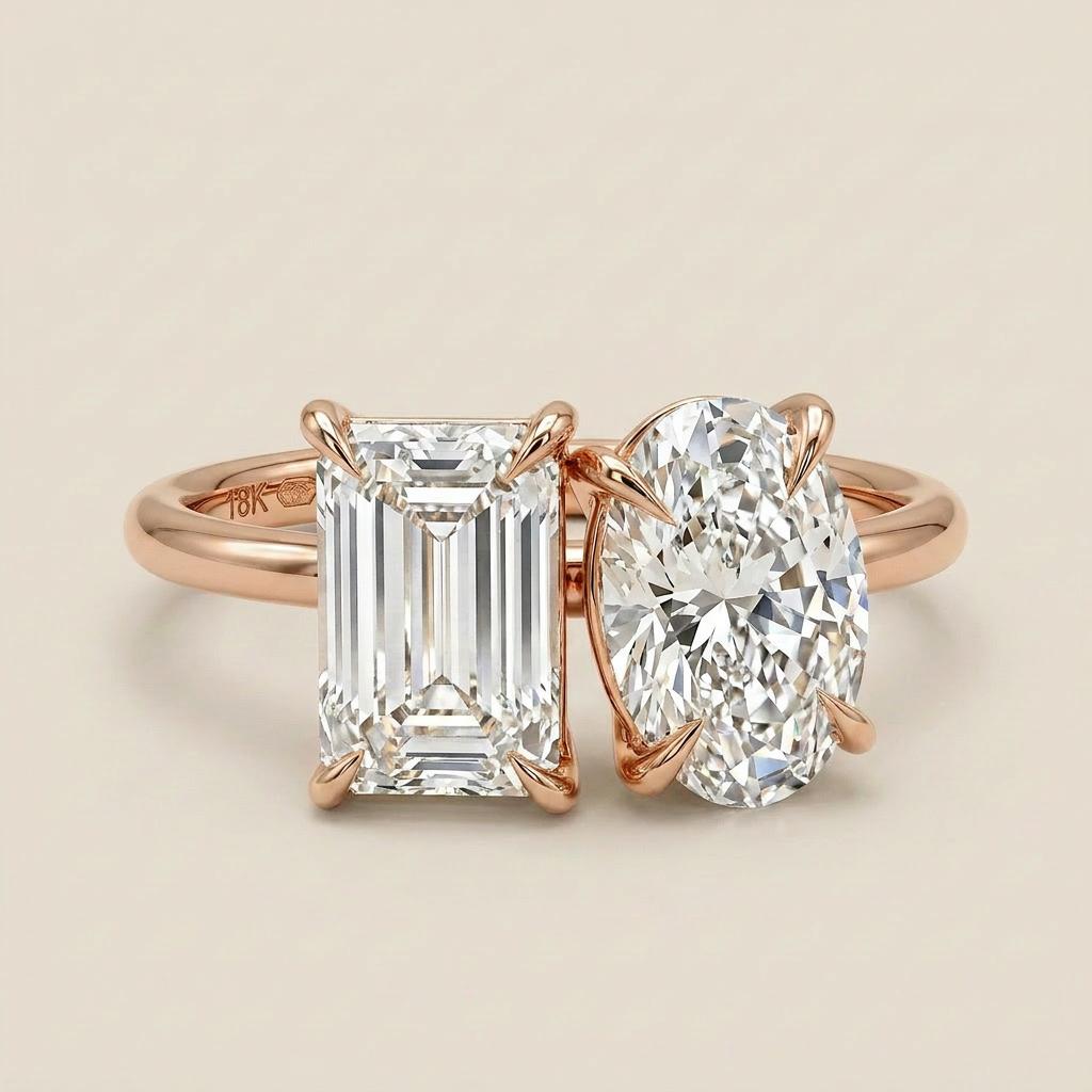Moissanite 3.00 CT Emerald & Oval Cut Diamond Toi Et Moi Ring