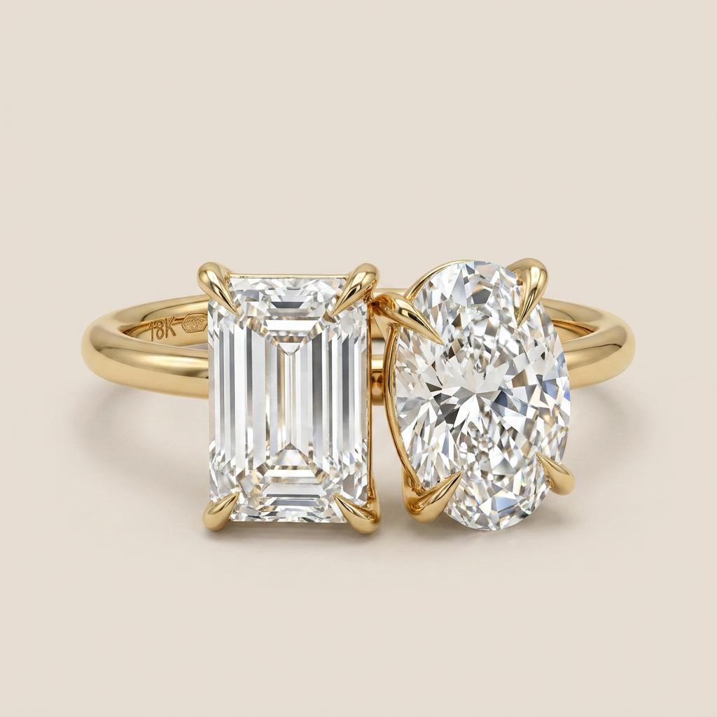 Moissanite 3.00 CT Emerald & Oval Cut Diamond Toi Et Moi Ring