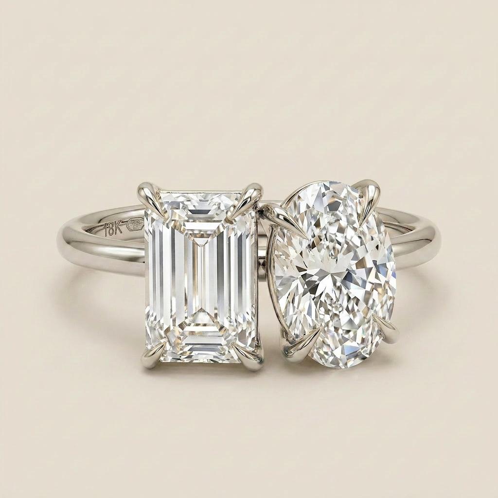 Moissanite 3.00 CT Emerald & Oval Cut Diamond Toi Et Moi Ring