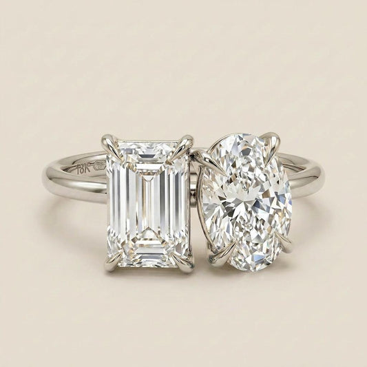Moissanite 3.00 CT Emerald & Oval Cut Diamond Toi Et Moi Ring
