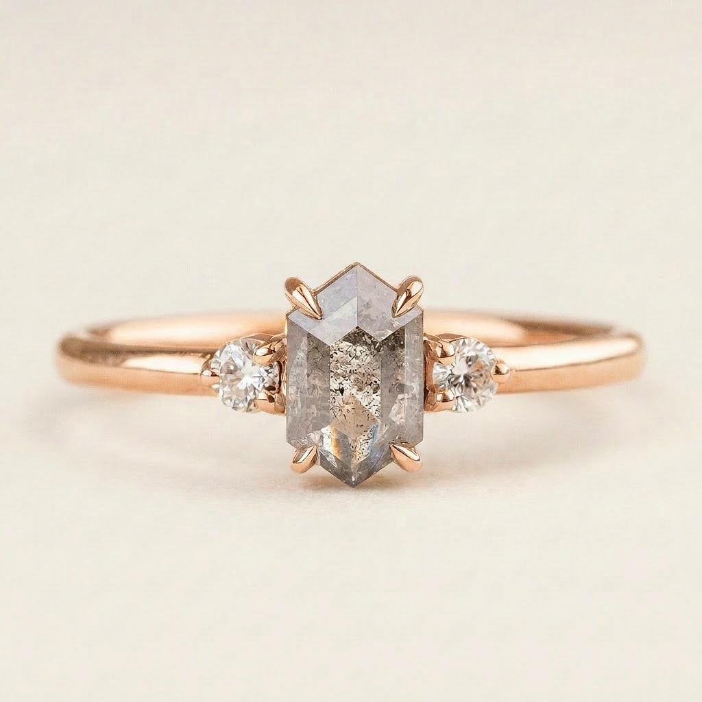 1.35 CT Hexagon & Round Cut Salt and Pepper Diamond Three Stone Ring