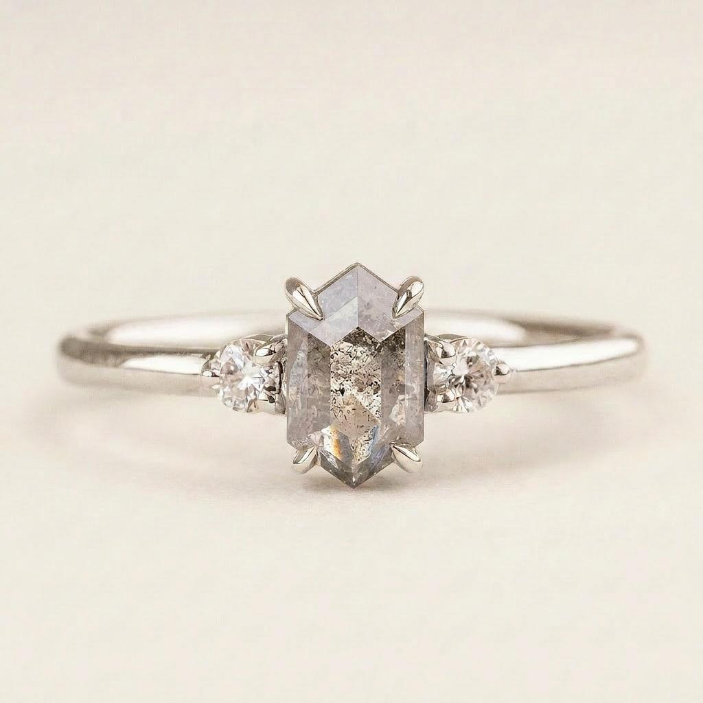 1.35 CT Hexagon & Round Cut Salt and Pepper Diamond Three Stone Ring