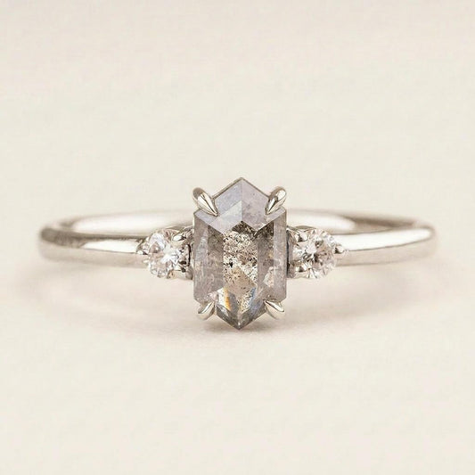 1.35 CT Hexagon & Round Cut Salt and Pepper Diamond Three Stone Ring