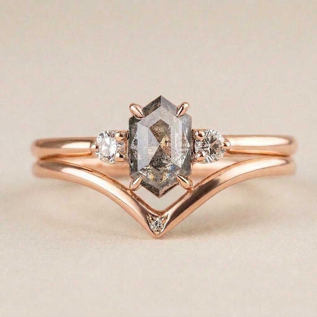 1.35 CT Hexagon & Round Cut Salt and Pepper Diamond Three Stone Ring
