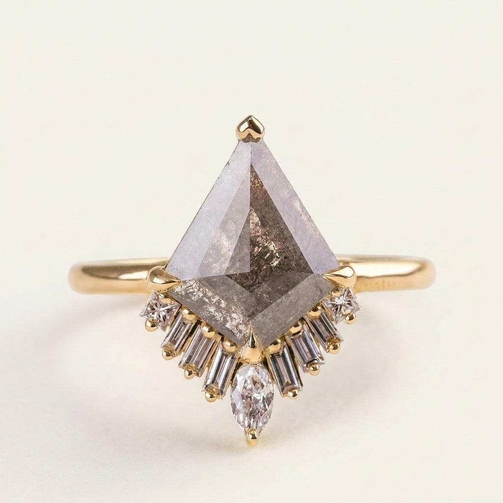 1.85 CT Kite & Princess Cut Salt and Pepper Diamond Cluster Ring