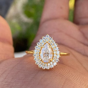 Lab Grown 1.60CT Pear Cut Diamond Art Deco Unique Engagement Ring | Handmade Ring | Anniversary Ring